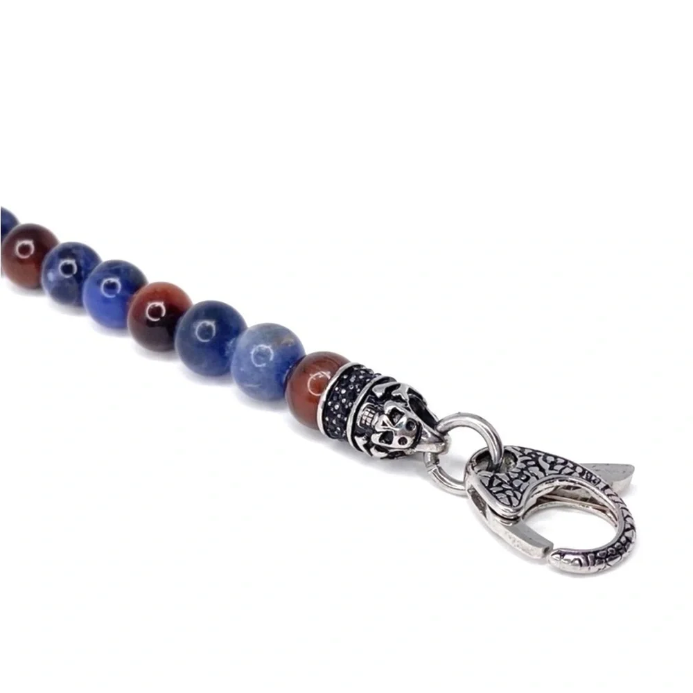 Blackjack Bracelet Beaded Sodalite & Red Tiger Eye Stainless Steel Skull New NWT